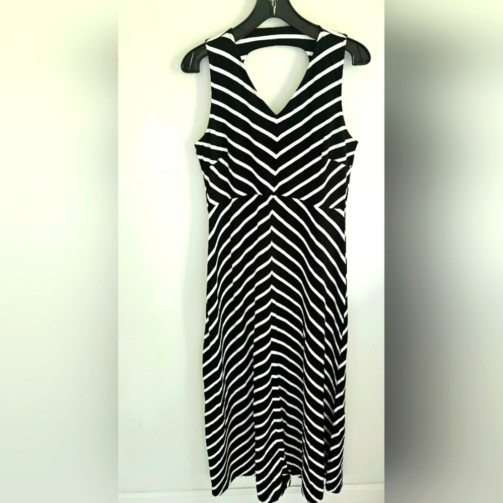 Talbots Maxi Dress Open Back Black White Stripe